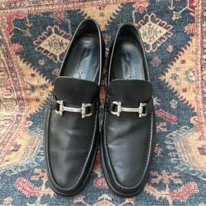 Salvatore Ferragamo Black Leather Slip-Ons with Silver Accent